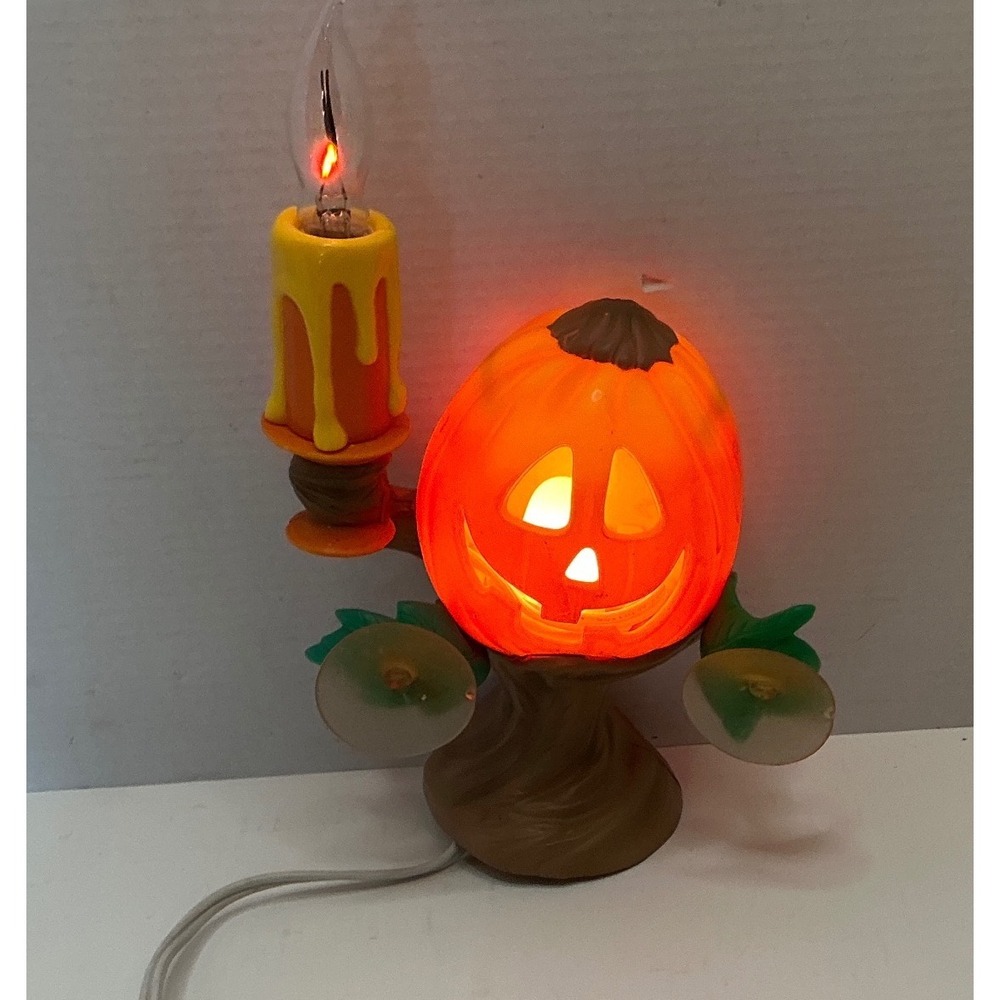 Trendmasters Vintage 1996 Halloween Pumpkin Candle Window Light Suction Cup Deco
